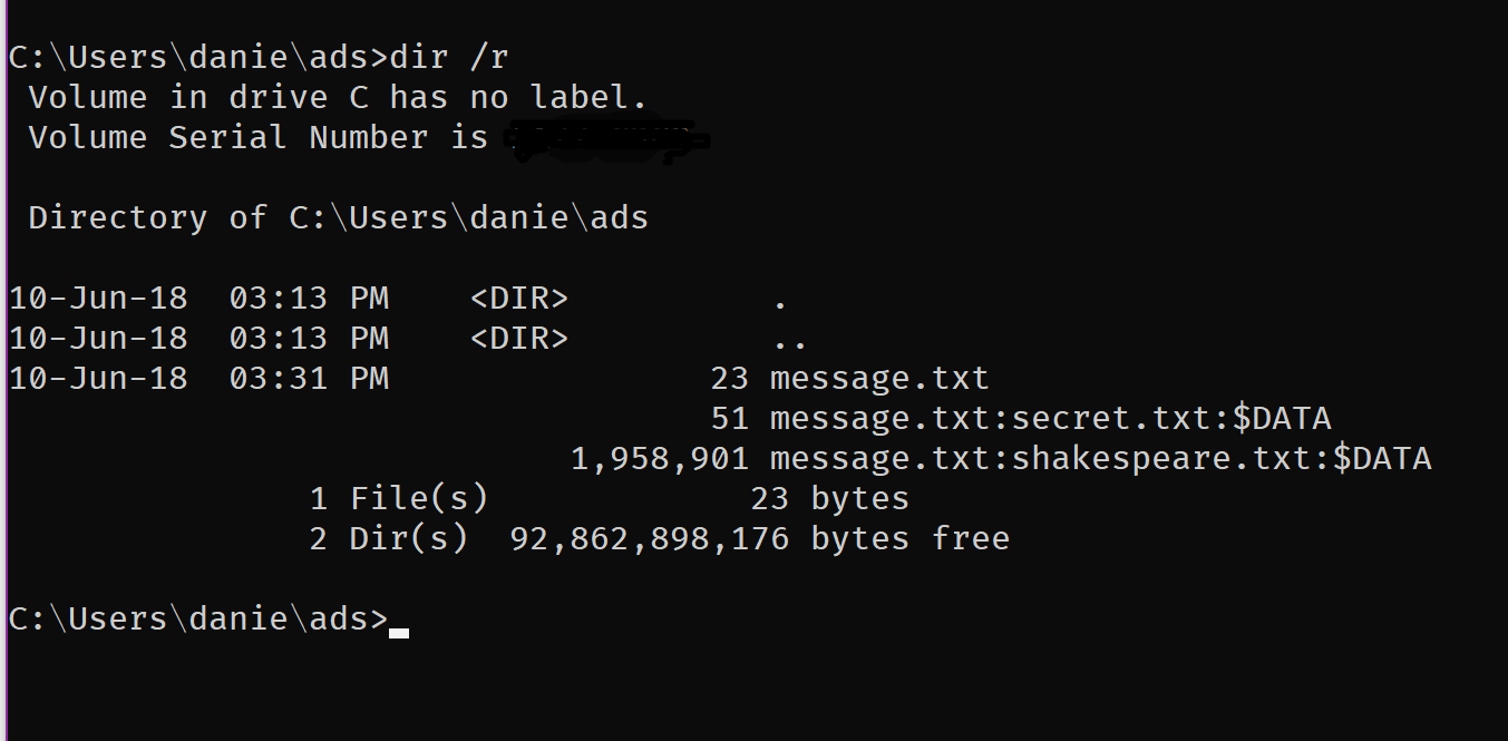 dir /r displays the three files