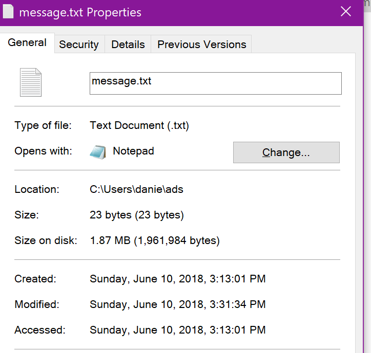 The properties context menu displays that the size on disk is 1.23 MB